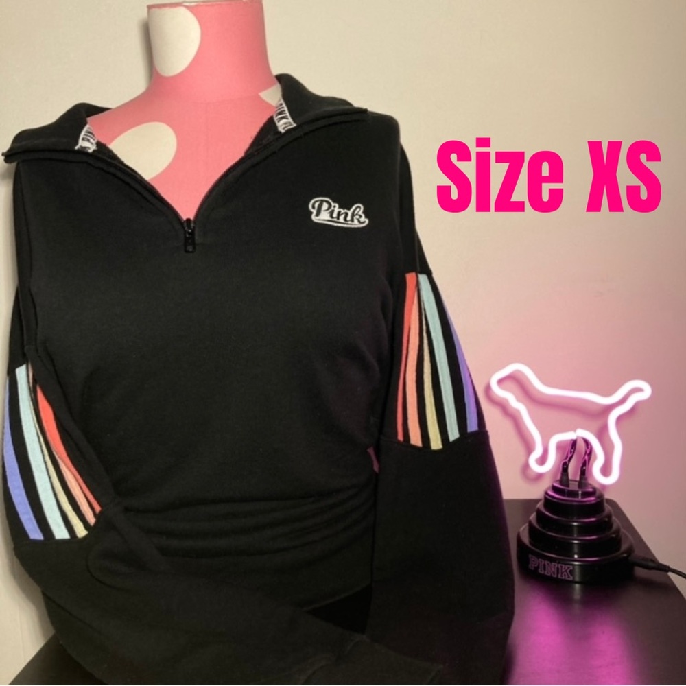 Victoria’s Secret Pink Quarter Zip Pullover Hoodie Rainbow Pride Logo Retro Y2K
